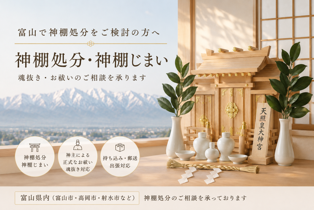 富山県の立山連峰を背景にした神棚処分・神棚じまいイメージ