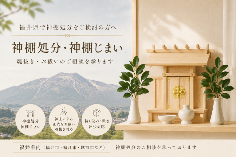福井県の神棚処分と神棚じまいのイメージ 神棚処分 魂抜き お祓い 福井市 鯖江市 越前市対応